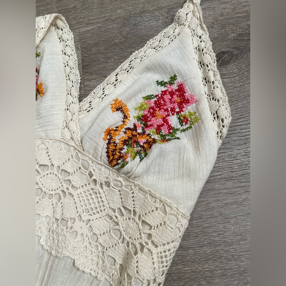 Vintage Dress Boho White Maxi Halter Embroidered Crochet